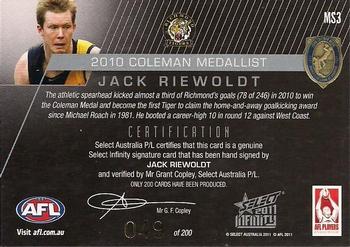 2011 Select AFL Infinity - Medal Signatures #MS3 Jack Riewoldt Back